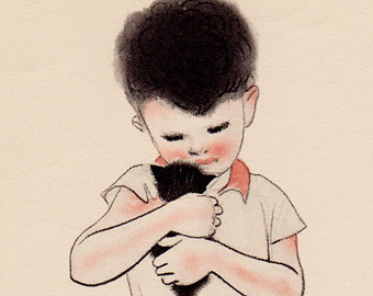 "Young Boy Hugging New Kitten" water color/pastel by Clare Turlay Newberry