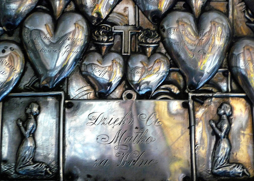 Gate of Dawn in Vilnius Silver Work Picture of the Sacred Hearts of Jesus and Mary